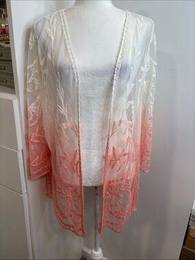Nina Leonard White to Coral Ombre Sheer Embroidered Kimono